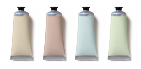 set / collection of blank cosmetic tubes in different colors  isolated over a transparent background, cut-out beauty, branding, lifestyle or personal care design elements, mockups, flat lay / top view