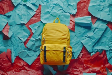 The yellow briefcase against a colorful wall. Backpack, school briefcase, bagbook. Generated by artificial intelligence.