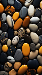 a close up of some black and white pebbles, in the style of dark navy and light amber, enchanting realms, light amber and bronze сreated with Generative Ai