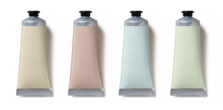 set / collection of blank cosmetic tubes in different colors  isolated over a transparent background, cut-out beauty, branding, lifestyle or personal care design elements, mockups, flat lay / top view