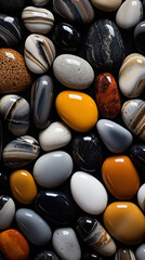 Obraz na płótnie Canvas a close up of some black and white pebbles, in the style of dark navy and light amber, enchanting realms, light amber and bronze сreated with Generative Ai