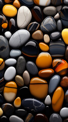 Fototapeta premium a close up of some black and white pebbles, in the style of dark navy and light amber, enchanting realms, light amber and bronze сreated with Generative Ai