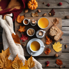 Closeup photo of a nutritious breakfast spread across a rustic wooden board. Scattered autumn leaves and a cozy hand-knit scarf suggest a crisp fall morning.