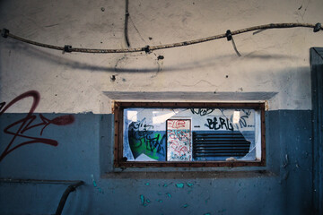 View through broken window in an old factory - Verlassener Ort - Beatiful Decay - Verlassener Ort - Urbex / Urbexing - Lost Place - Artwork - Creepy - High quality photo