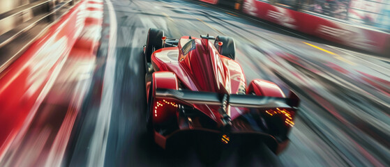 Blurred vision of a racing car speeding with fiery red intensity on track.