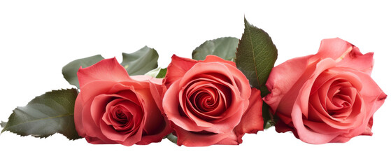 Three fresh red roses lined up with decorative leaves behind them. Fresh roses in a transparent background. Created with Generative AI