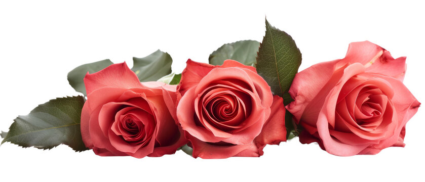 Three fresh red roses lined up with decorative leaves behind them. Fresh roses in a transparent background. Created with Generative AI