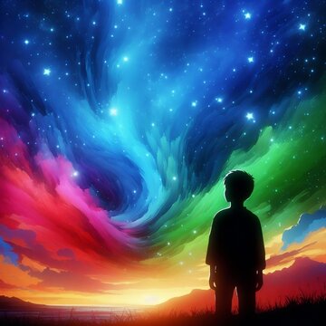 Silhouette of a boy looking at the rainbow-colored starry sky Generative AI