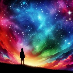 Obraz na płótnie Canvas Silhouette of a boy looking at the rainbow-colored starry sky Generative AI