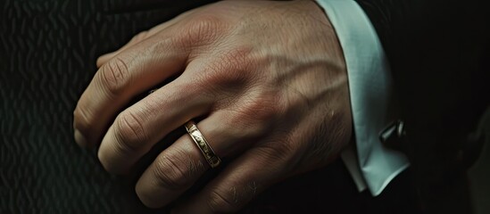 A close-up shot of a mans hand, adorned with an elegant wedding ring, showcasing a grooms attire with a suit in a wedding setting. - obrazy, fototapety, plakaty