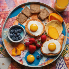 Closeup photo of a nutritious breakfast on a colorful ceramic serving board. 