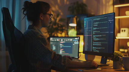 Fototapeta na wymiar Female Programmer Coding in Modern Office with Multiple Screens Computer Setup
