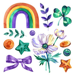set of watercolor illustrations, attributes of good luck and wealth for st patrick's day. bright colors, Irish. stickers, paper cut, scrapbook