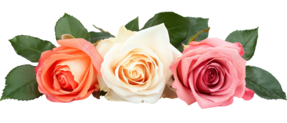 Three fresh pink and cream roses were isolated in a transparent background. Fresh roses that still have leaves. Suitable for letter border decoration. Created with Generative AI.