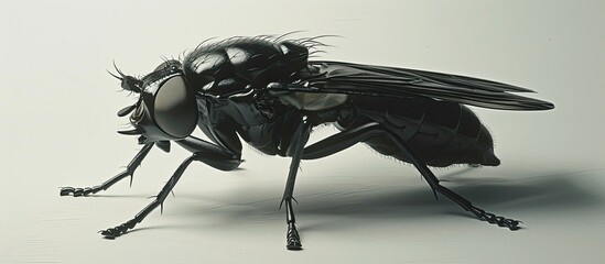 A detailed black and white photograph showcasing a Black Soldier Fly up close on a white wall, emphasizing the intricate patterns on its wings and body.