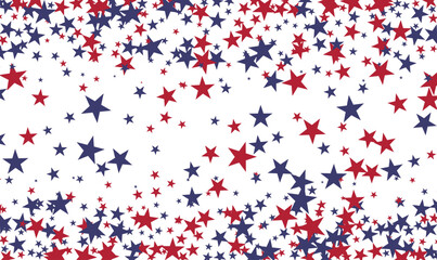 Red and blue stars falling on white background, poster with American color symbols, shooting stars confetti