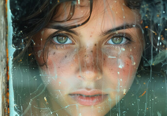 Beautiful woman behind dirty glass. AI generated