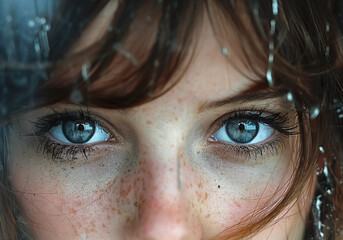 Beautiful woman behind dirty glass. AI generated
