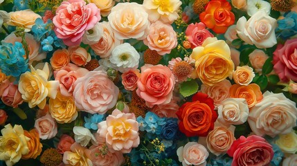 Rose flowers, background with many multi-colored roses