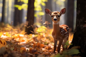 Plexiglas foto achterwand a baby deer in the woods © Ilie