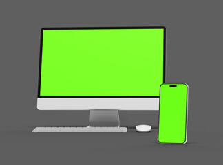 Render of desktop and phone with a green screen on a dark background.