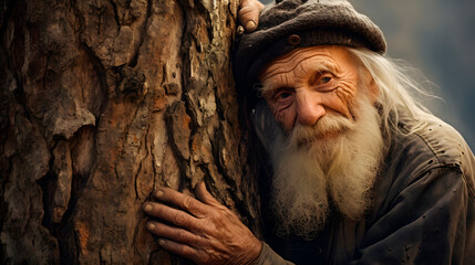 an old man hugging a tree, concept of taking care of nature, ecological concept - obrazy, fototapety, plakaty