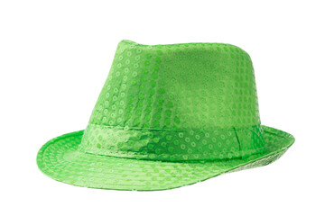 Green hat for musical performance, in sequins on isolated white background closeup. Side view.
