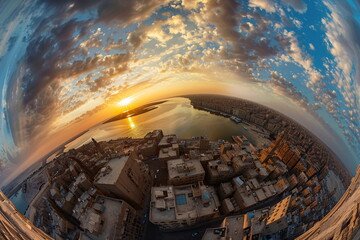 An aerial view of a city at sunset with a fisheye lens