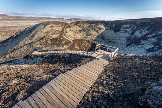 Walkways on Grabrok Volcano at sunset
