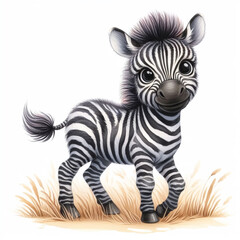 Fototapeta na wymiar Funny zebra watercolor illustration. Children illustrations, invitation cards or other uses. AI generated