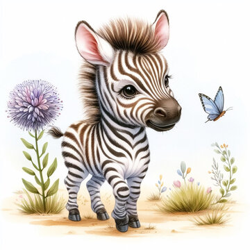 Funny zebra watercolor illustration. Children illustrations, invitation cards or other uses. AI generated