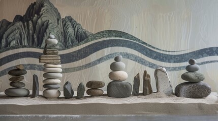 Harmony of elements: Smooth stones arranged in perfect balance amidst a serene landscape, embodying...