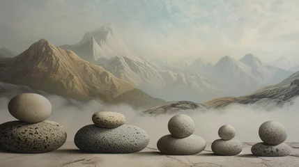 Poster Harmony of elements: Smooth stones arranged in perfect balance amidst a serene landscape, embodying the harmony of nature's elements. © Ishtiaaq