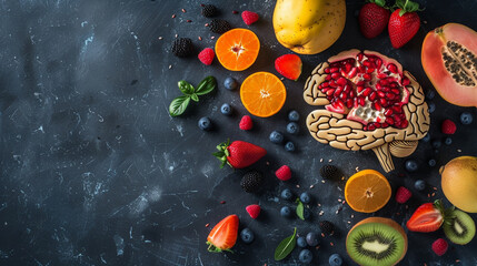 brain and fruits in a human heart shape on a white background, healthy and healthy food.