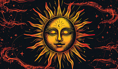 Esoteric symbol sun face occult concept graphic drawing red yellow neon color psychedelic style on black background - obrazy, fototapety, plakaty