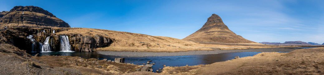 Panoramic view of Kirkjufell and its waterfalls, Iceland