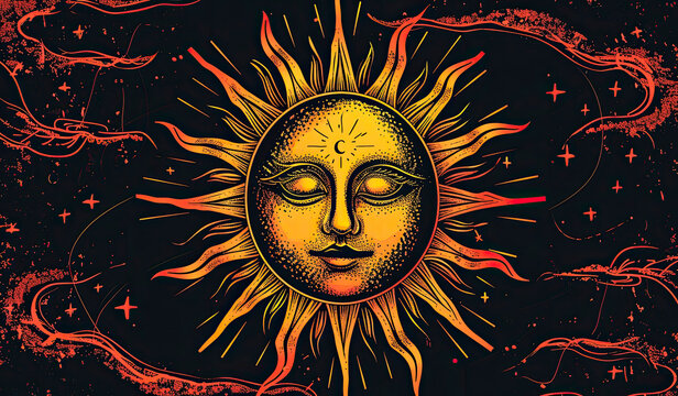 Esoteric symbol sun face occult concept graphic drawing red yellow neon color psychedelic style on black background