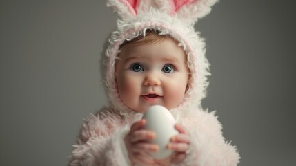 Easter Baby in Bunny Costume Holding Easter Egg