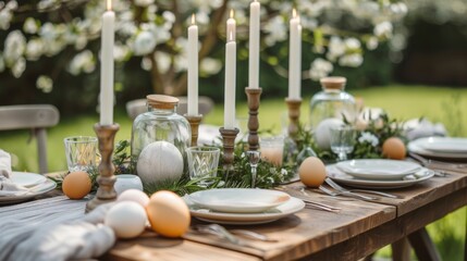 Obraz na płótnie Canvas Elegant Outdoor Easter Table Setting with Candles