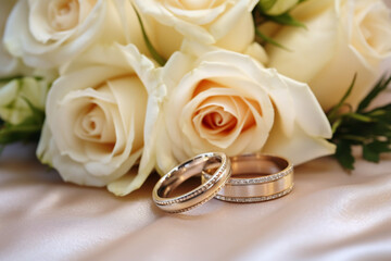 two wedding rings and a bouquet of flowers close-up in light colors photo сreated with Generative Ai