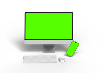 Render of desktop and phone with a green screen on a light background.