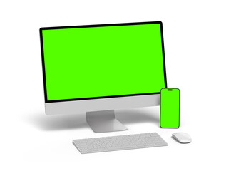 Render of desktop and phone with a green screen on a light background.