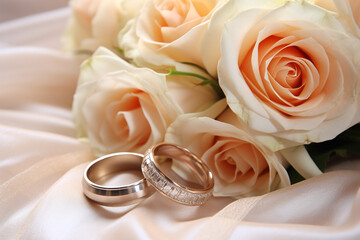 two wedding rings and a bouquet of flowers close-up in light colors photo сreated with Generative Ai