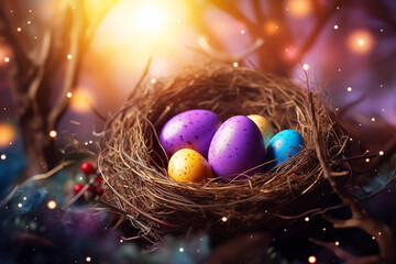 Fototapeta na wymiar beautiful easter background with colored eggs in a nest. volumetric light, copy space. holiday lights. space for text