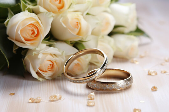 two wedding rings and a bouquet of flowers close-up in light colors photo сreated with Generative Ai