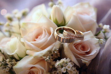 two wedding rings and a bouquet of flowers close-up in light colors photo сreated with Generative Ai