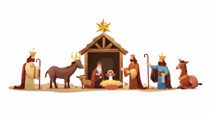 Fotobehang Nativity manger scene holy family wise kings ox donk © iclute3