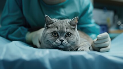 A photo of a beautiful British grey cat being examined by a veterinarian at a veterinary clinic The cat on the surgical table in the hospital.