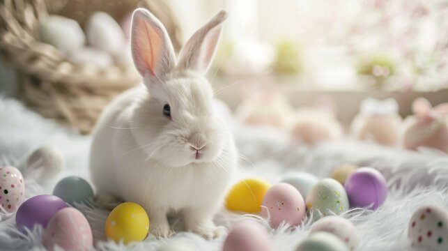 Fluffy White Rabbit with Easter Eggs Close-Up