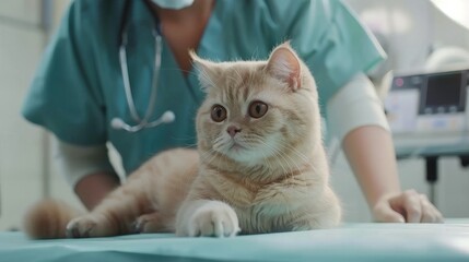 Photo of a beautiful British light-colored cat being examined by a veterinarian at a veterinary clinic